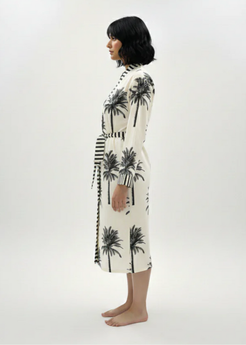 Belted Robe - White Palms